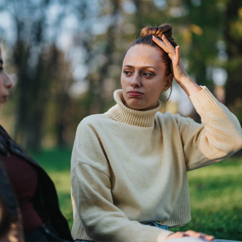 Woman saying don't worry about it to her friend