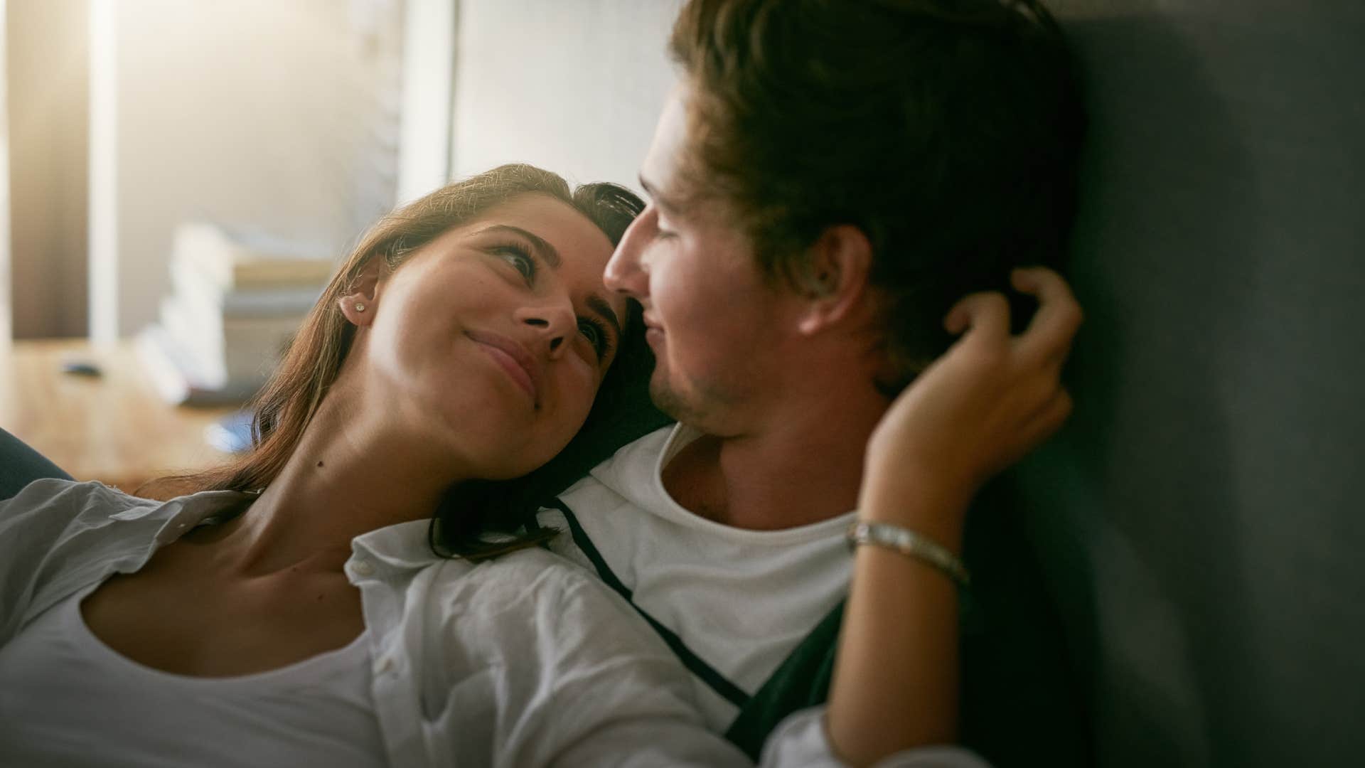 happy couple relaxing together man telling wife i love being around you