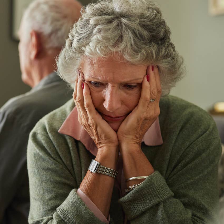upset older woman tolerating the bare minimum from her partner