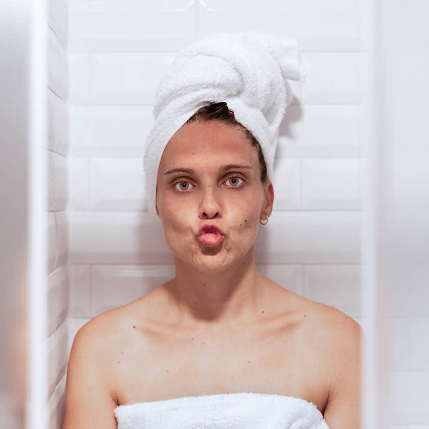 woman trained empty bladder running water peeing shower