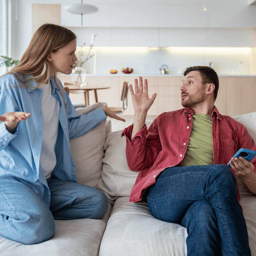 man who points blame at his wife when talking to other people