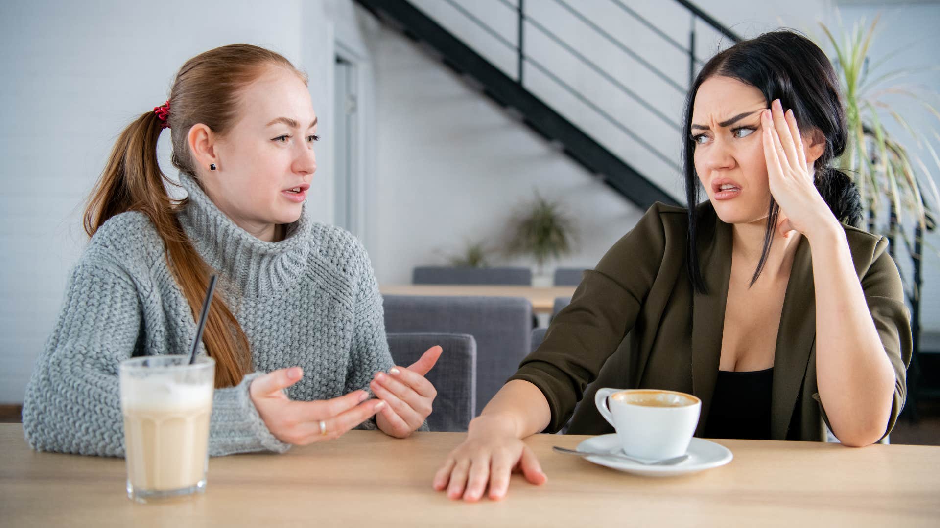 woman deeply irritated with friend who plays the victim