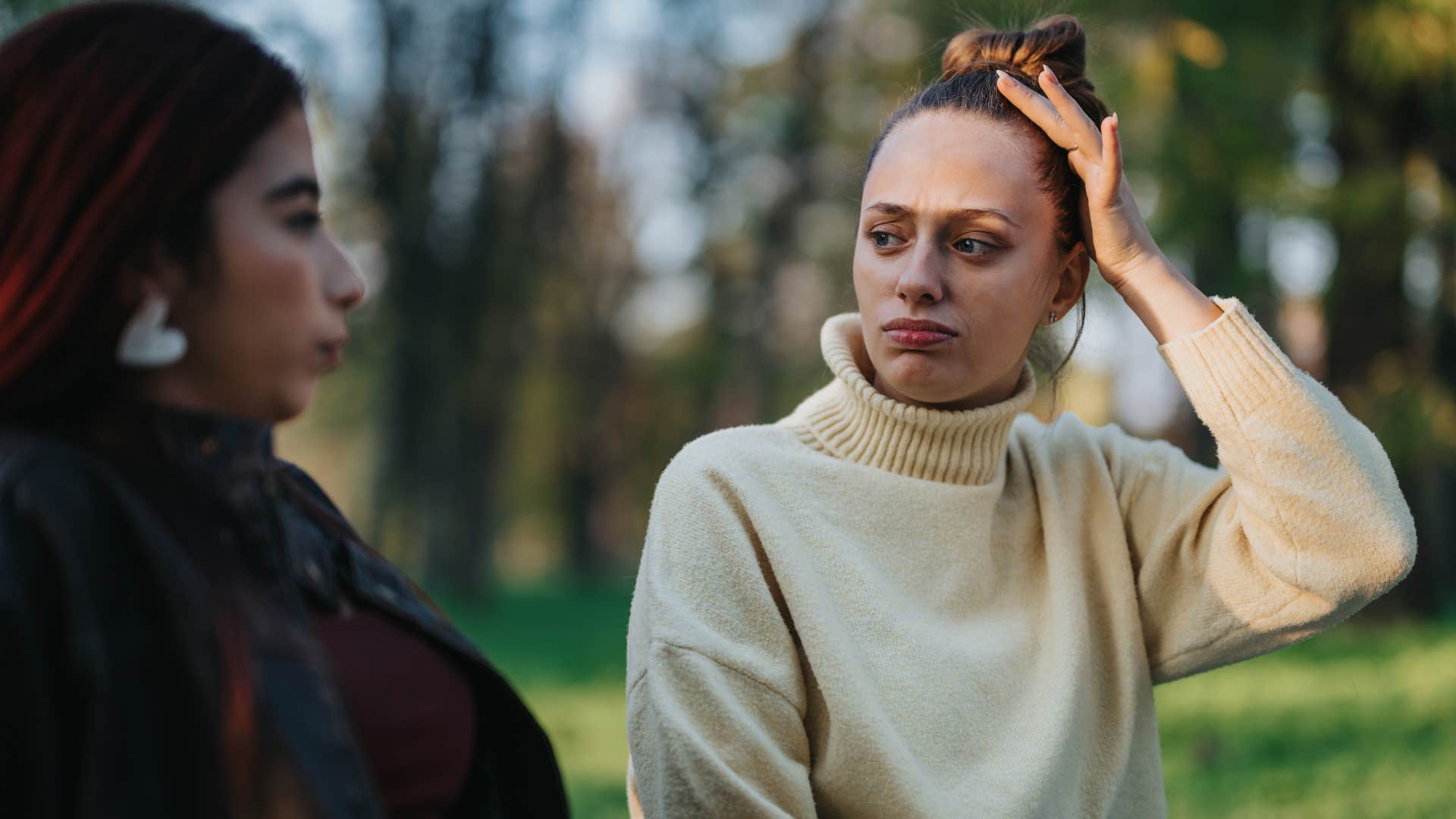 rude woman telling friend that never happens