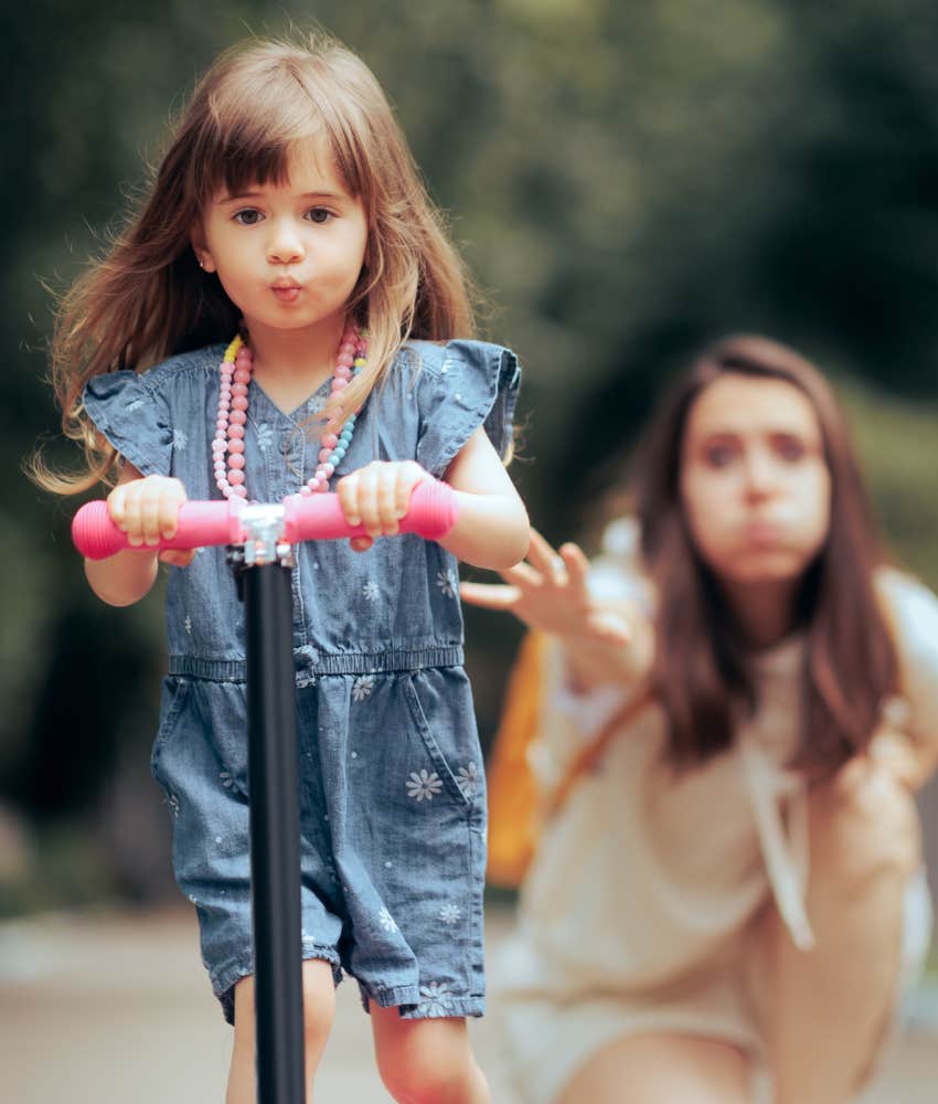 Stressed parent wants confident child to be safe on scooter