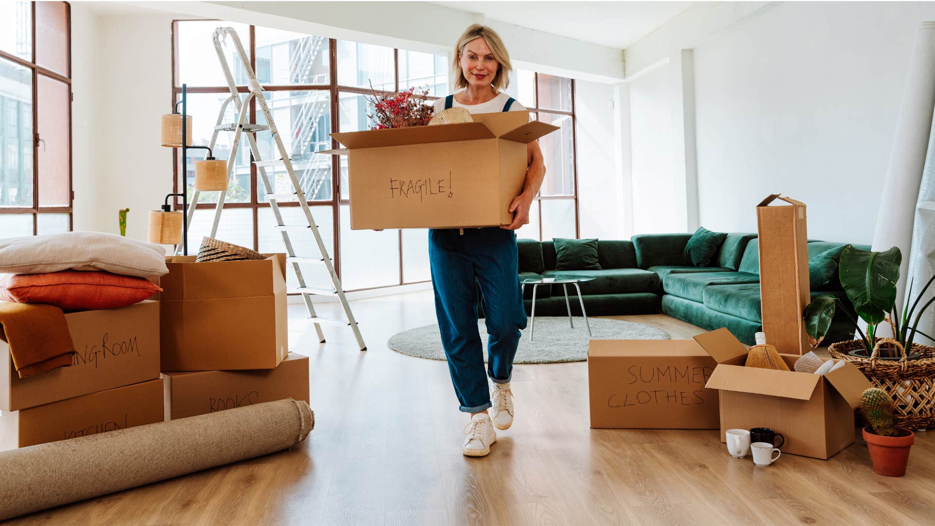 woman moving into vast empty space carrying boxes