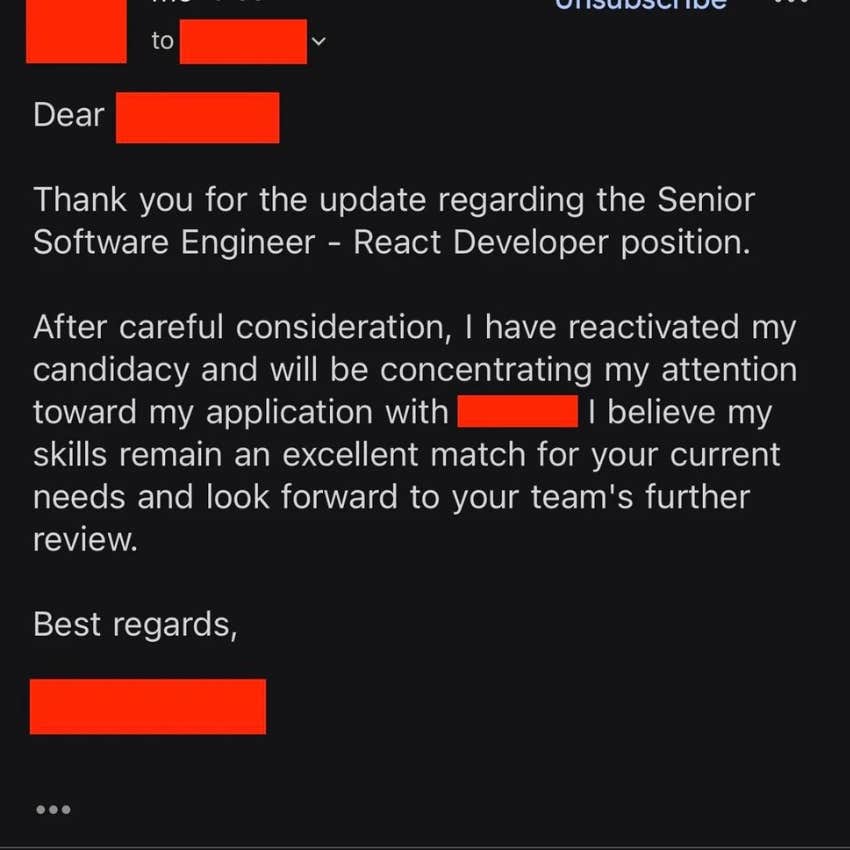 email from job applicant who refused to accept rejection email