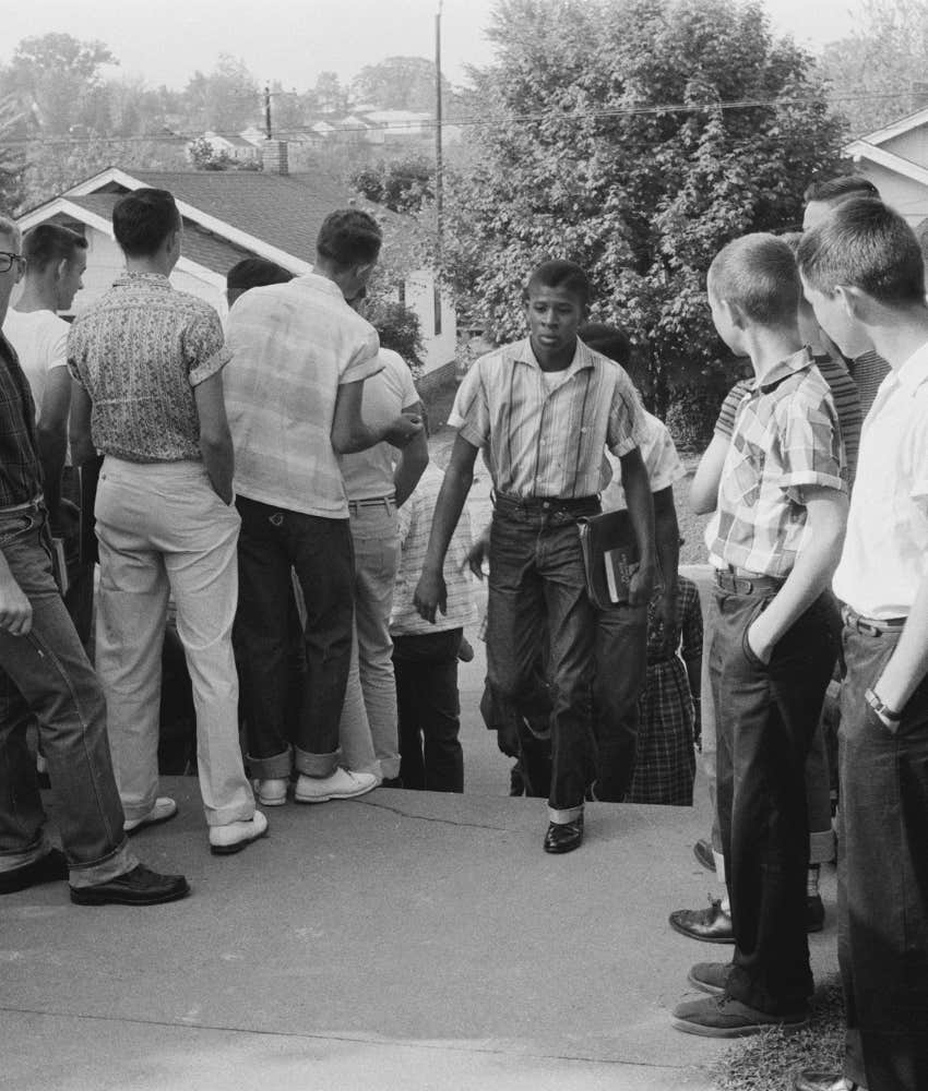 Archival image of Clinton, TN, school integration conflicts 1956