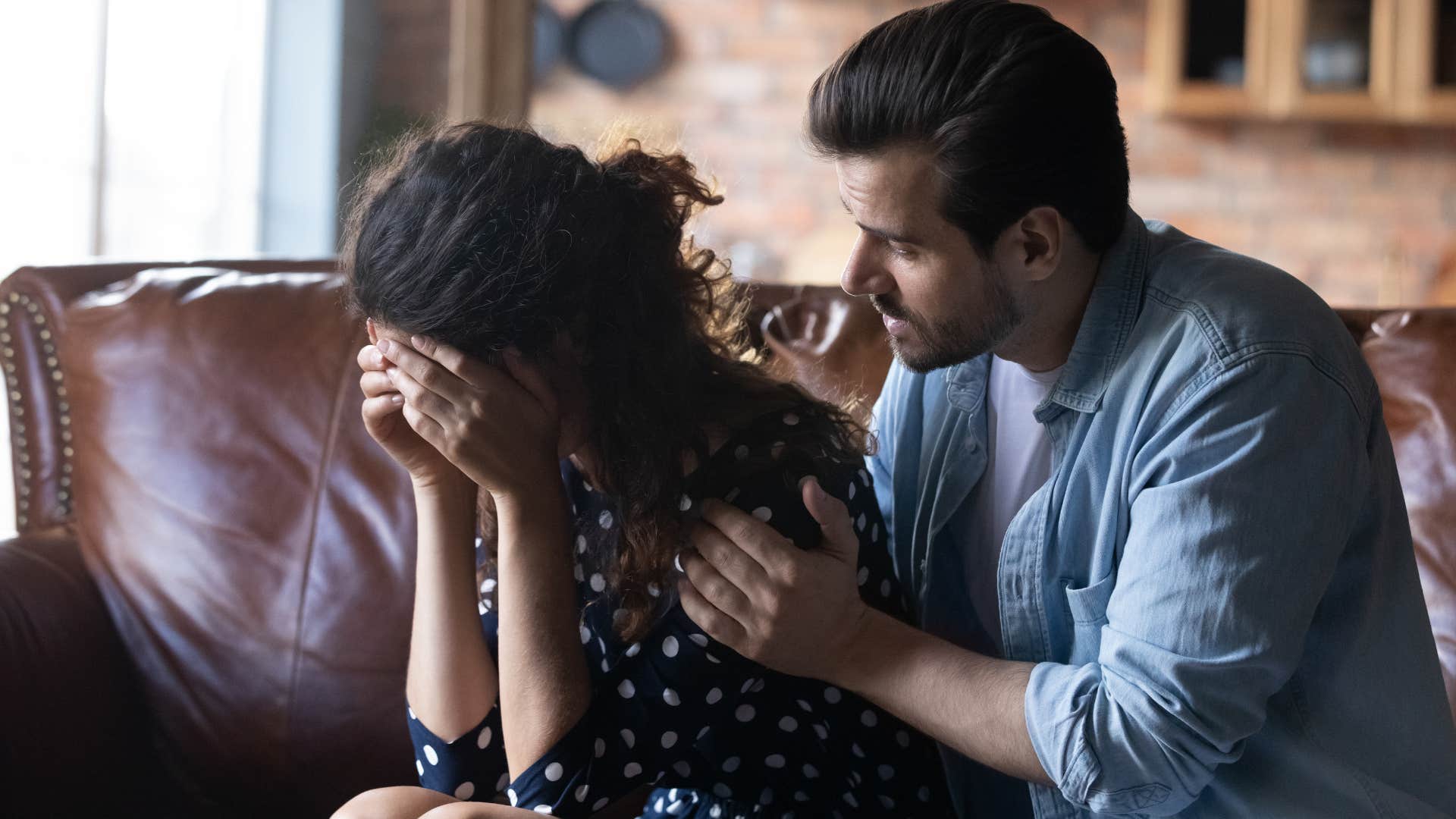 Man saying "What do you need right now?" to his upset wife.