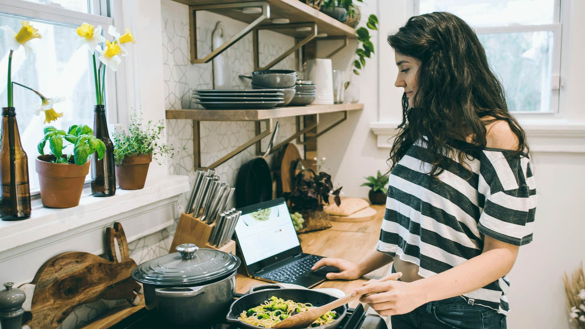 mom cooking healthy food and eating well