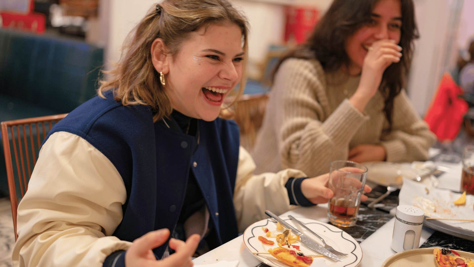 mom laughing with her friends at lunch switching up her routine