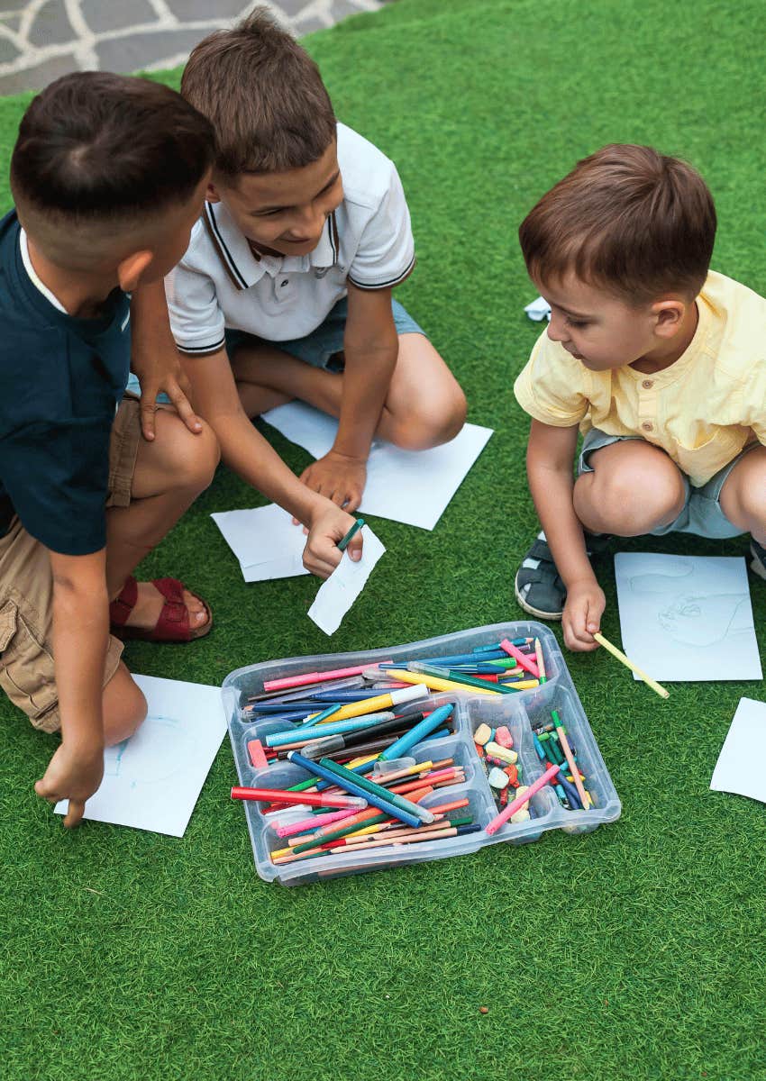neighborhood kids on a playdate coloring together