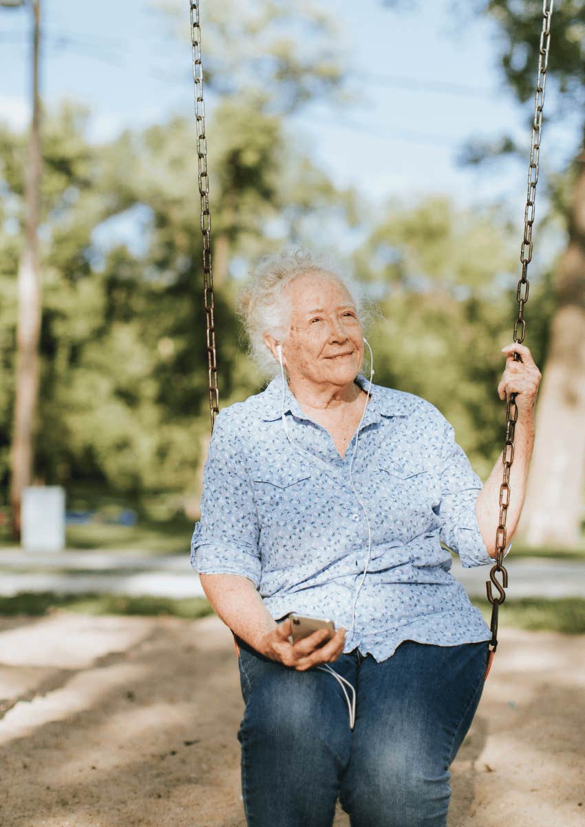 older woman listening to new music is the secret to long life