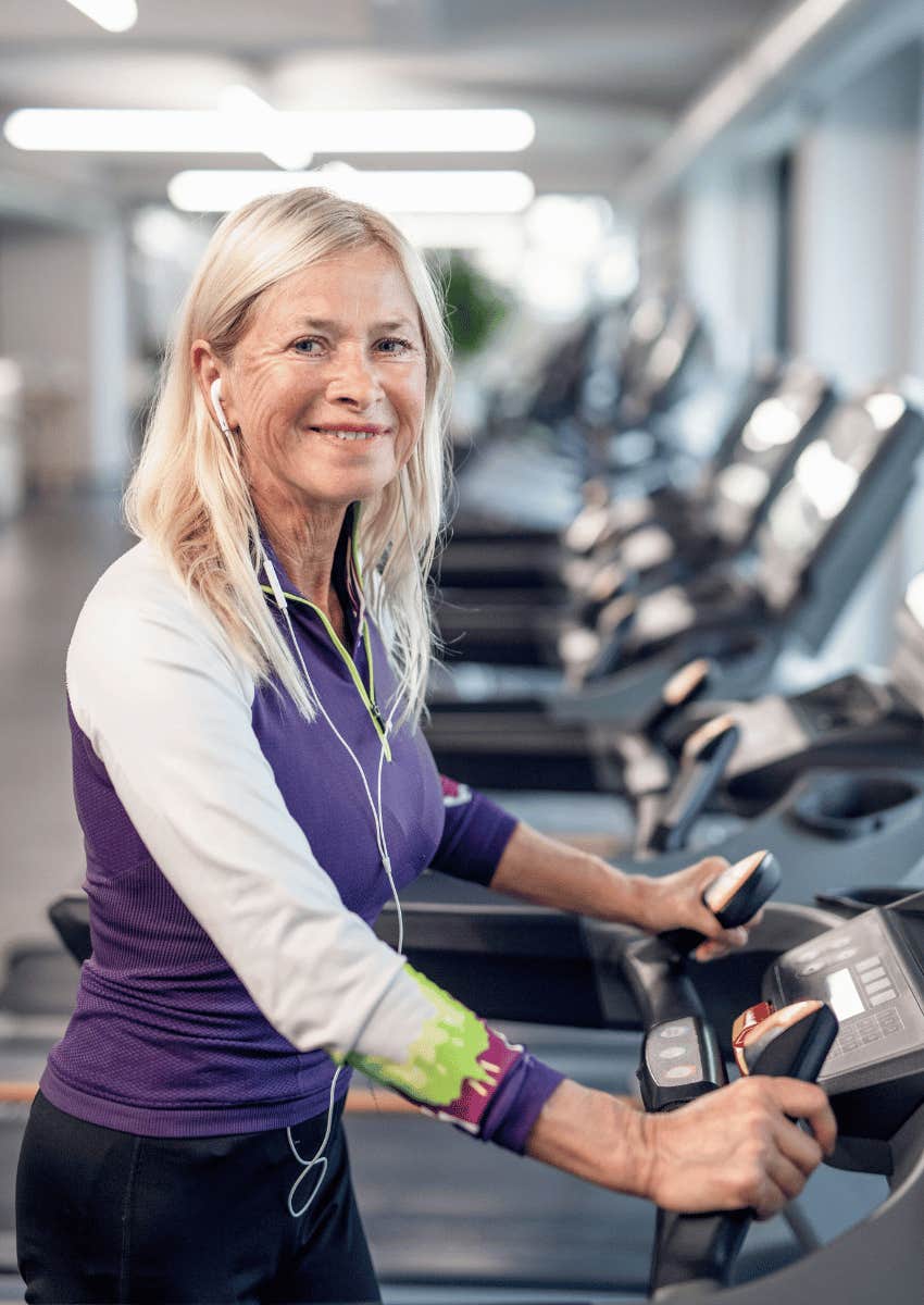 older woman running on treadmill