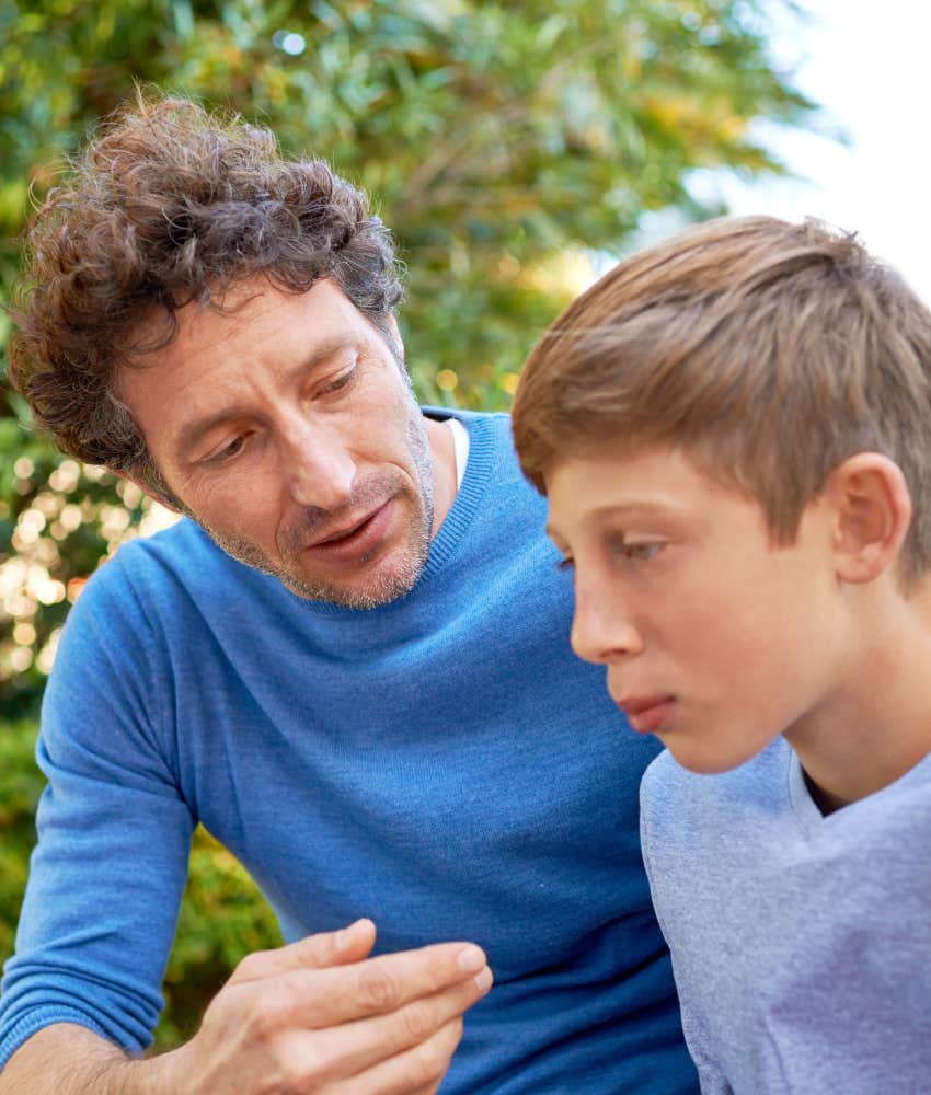 loving parent shares information with serious kid