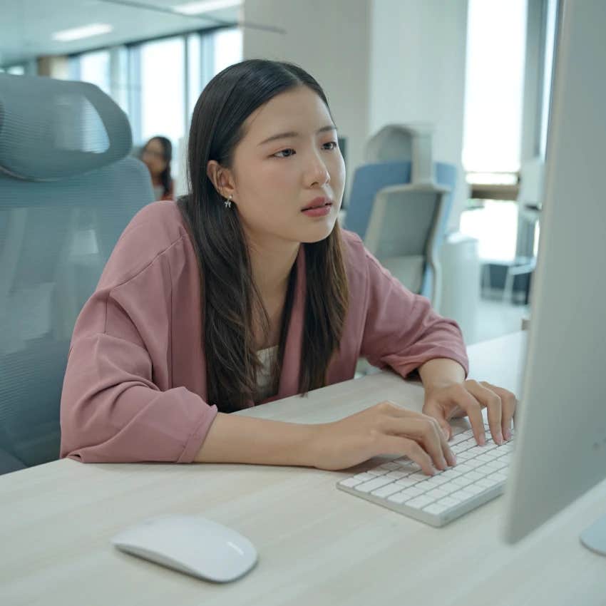 dehydrated woman working and stressed