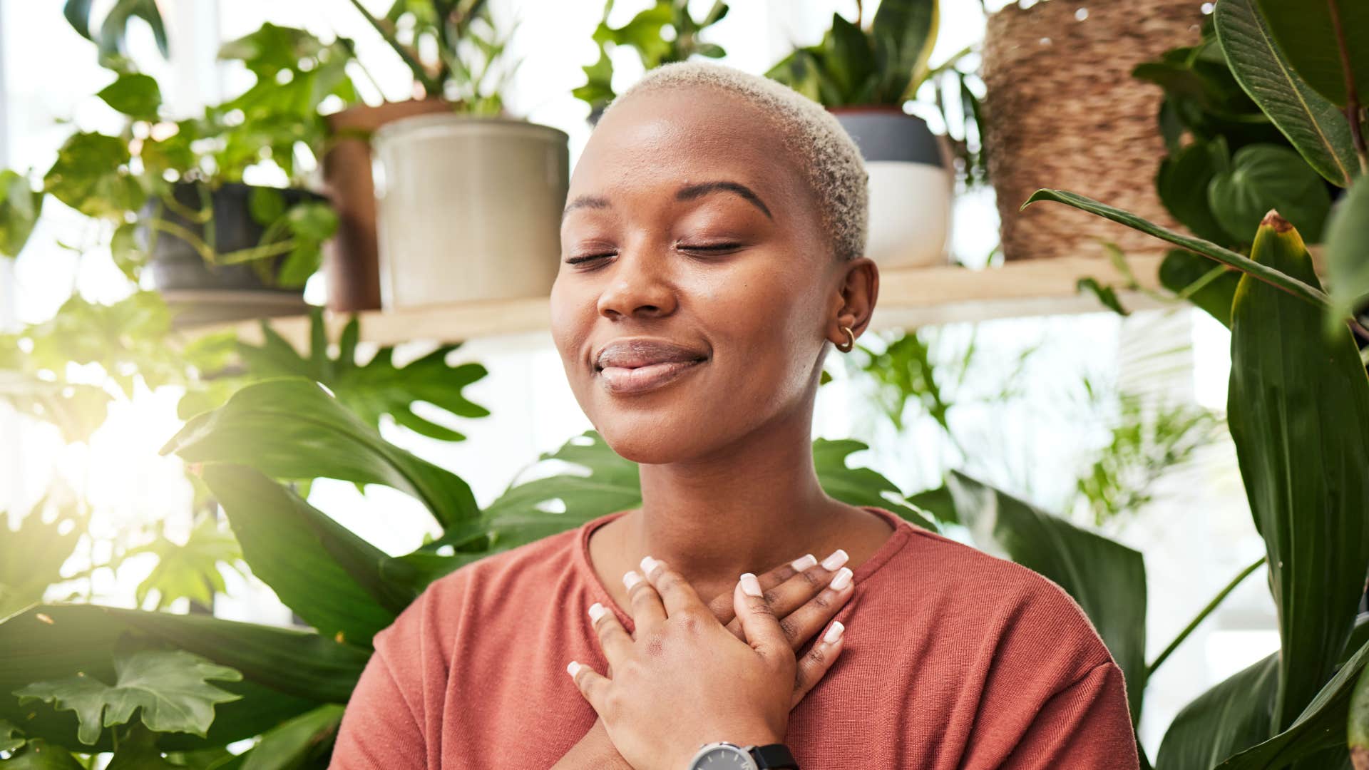 woman with high patience meditating at home