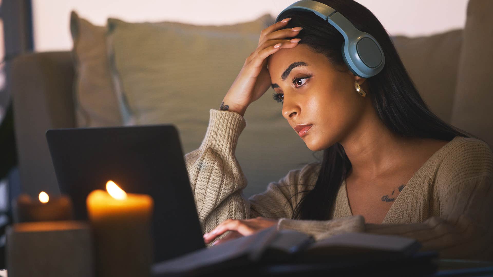 neurotic woman who can't stop herself from watching all of the news