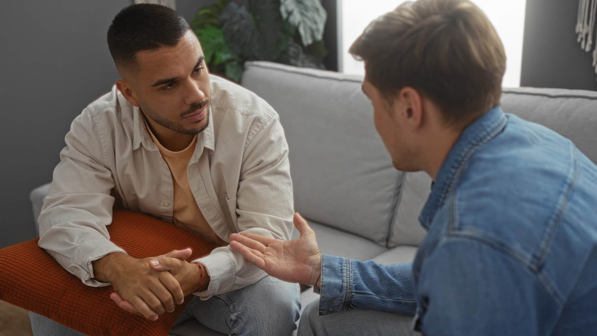 Man saying "Can I offer some advice?" to his friend.