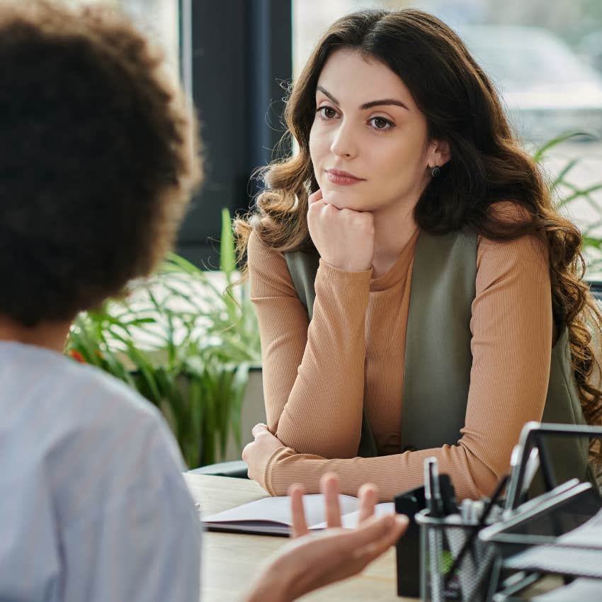 socially intuitive woman listening to someone at work