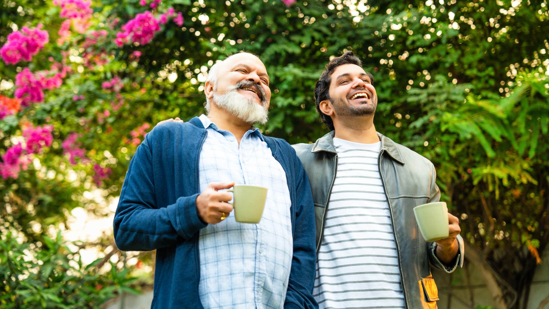 Older and younger person share happy calm moment