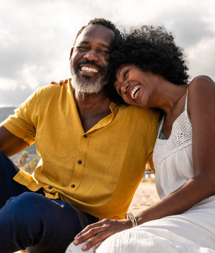 Happily married couple embrace showing positive change