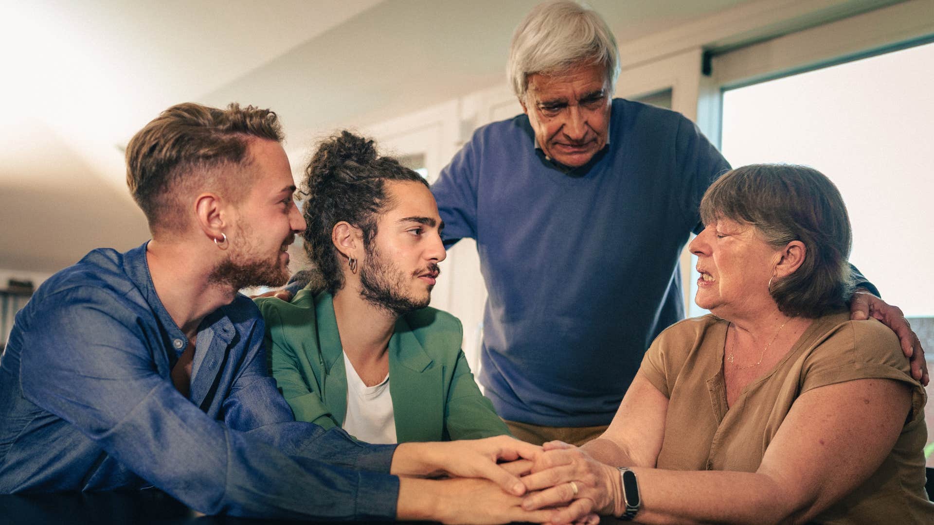 aging couple chats with younger couple showing ego control