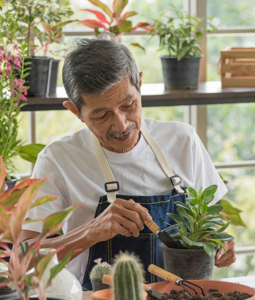 Older person works with plants showing skills