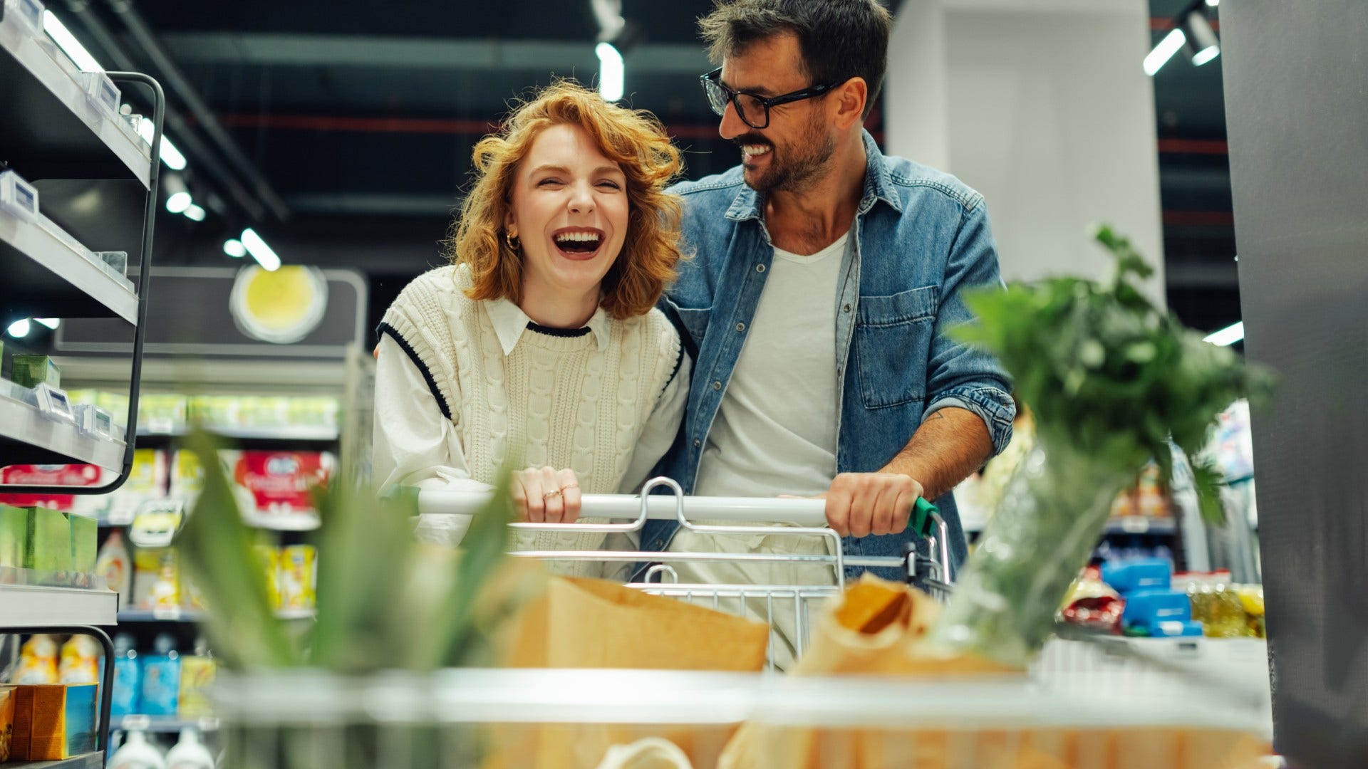 couple whose marriage is boring in the best way as shopping for groceries is predictable