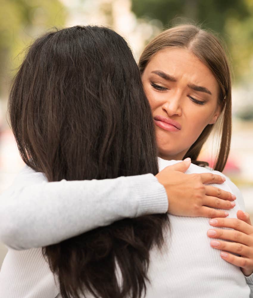 Annoyed person hugs friend showing they need a break