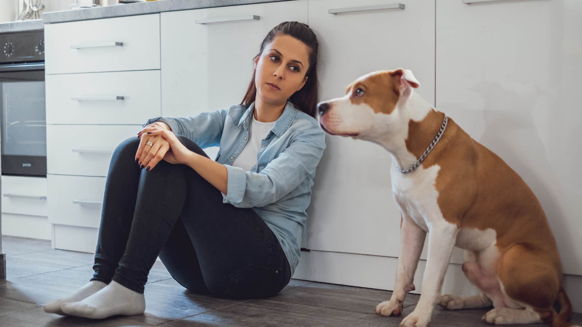 dog following owner around sitting next to her in kitchen