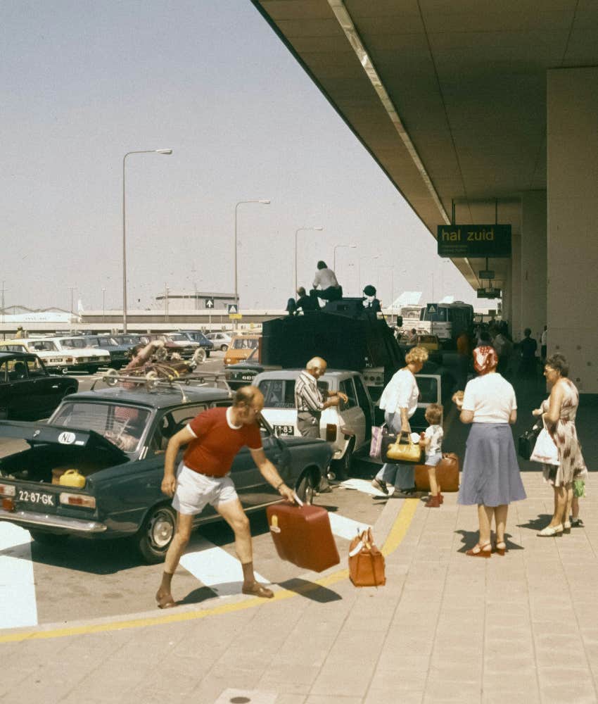 Vintage image family prepare for trip at airport