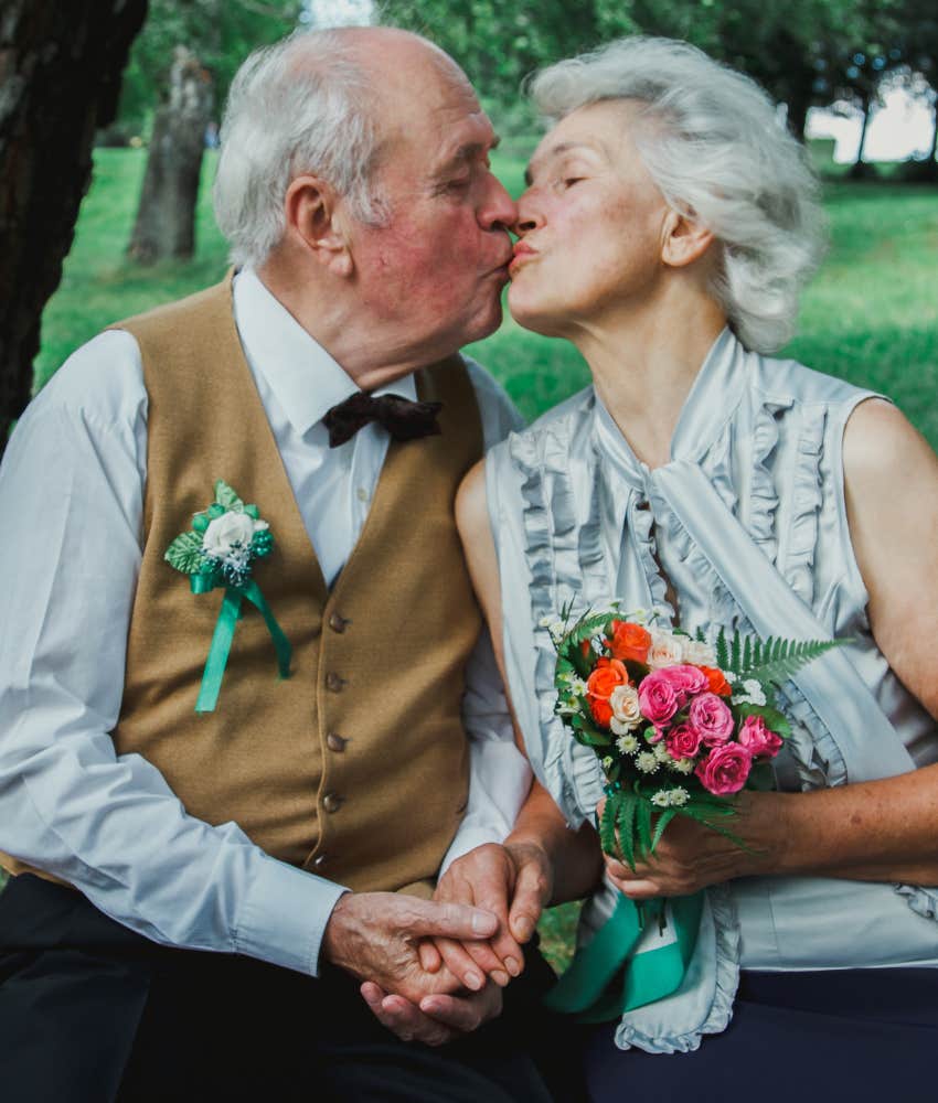 Elder man kisses wife showing focus changes love