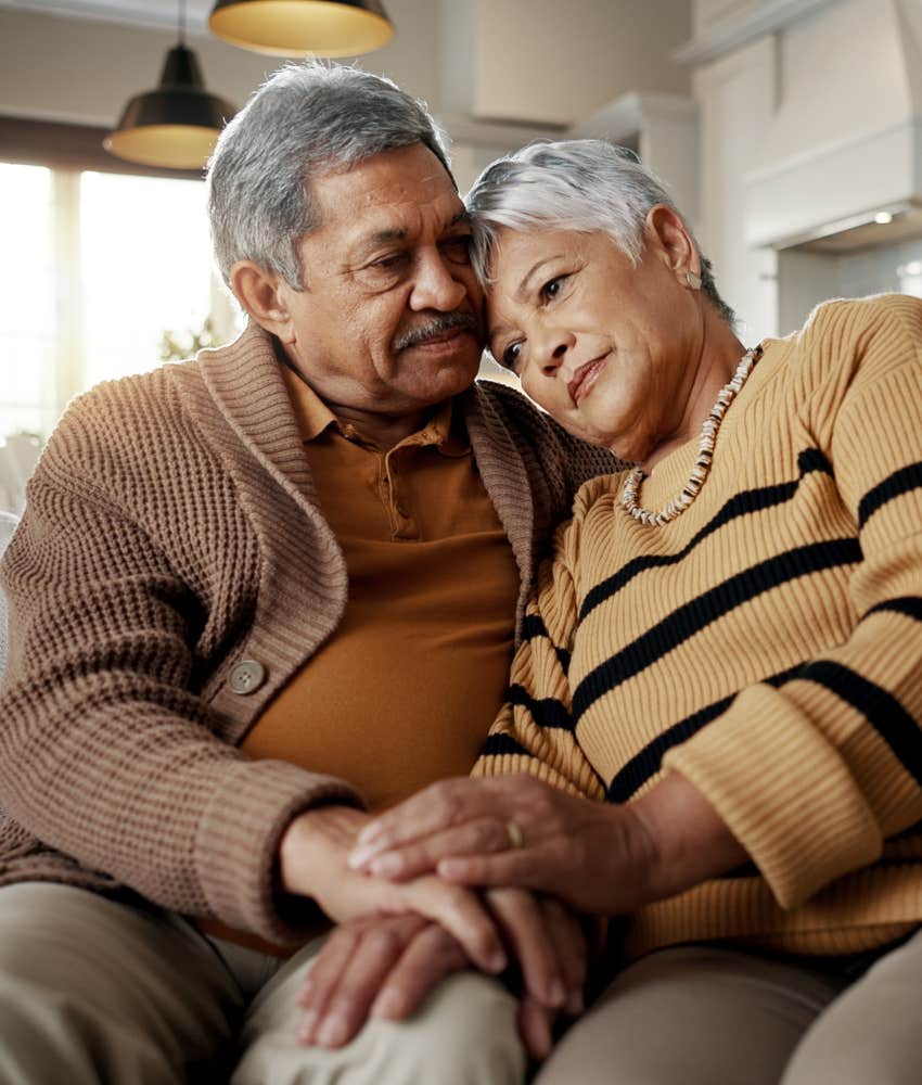 Loving man comforts wife showing help changes love