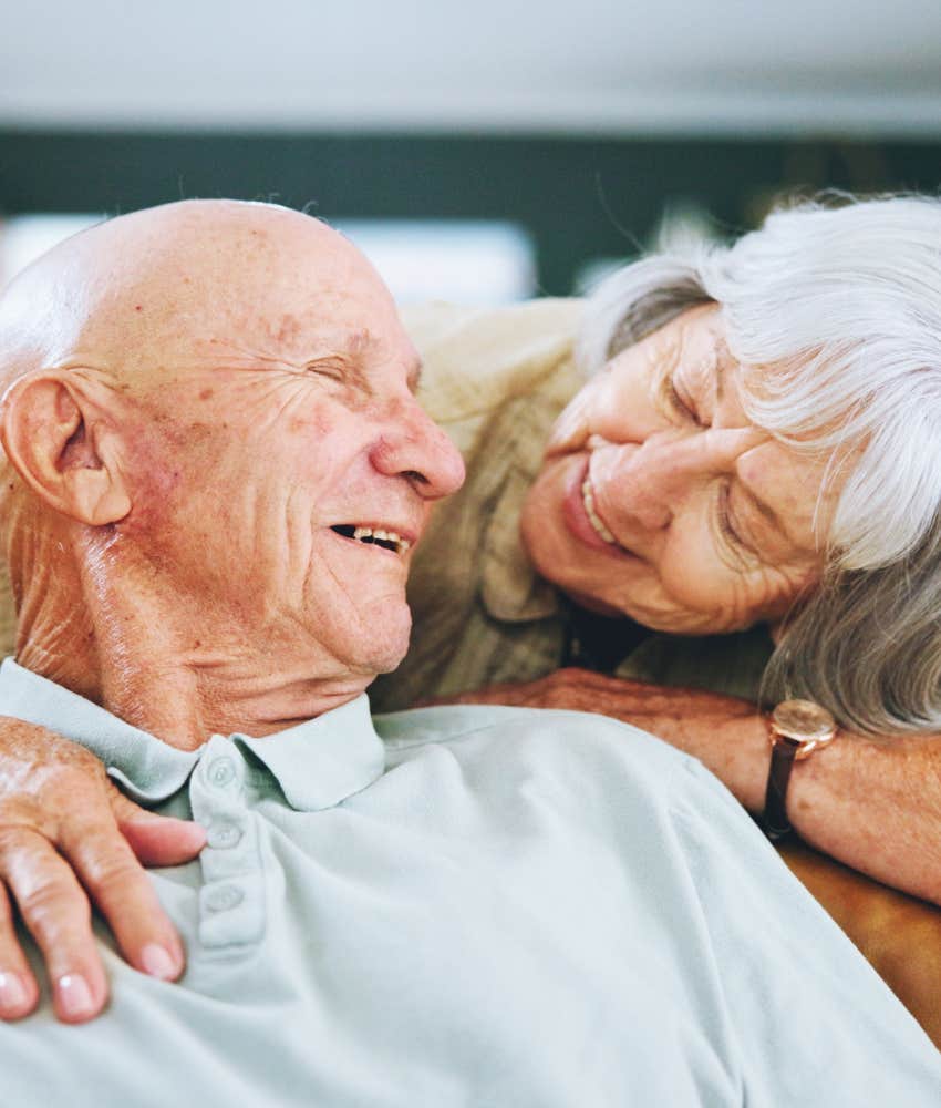 Elder man smiles with wife showing love changes you together
