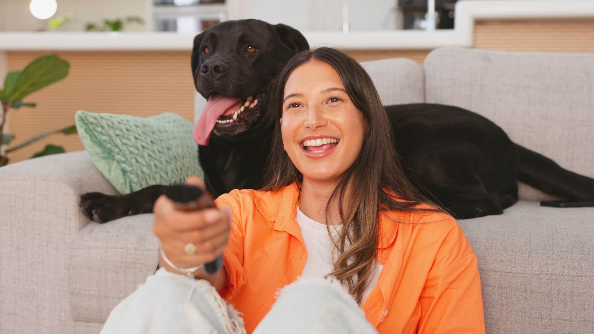 Relaxed person watches videos with their dog showing they have their life together