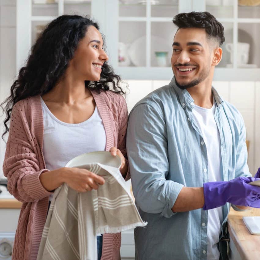couple doing chores together as part of their nightly routine 