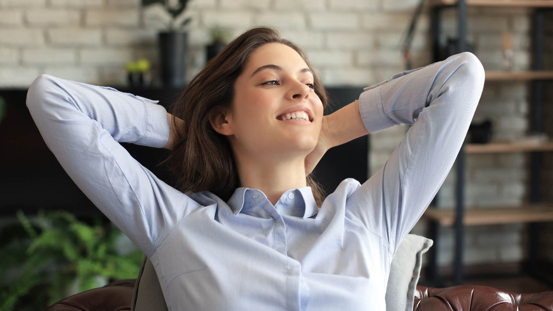 woman in blue relaxing as they're very go with the flow