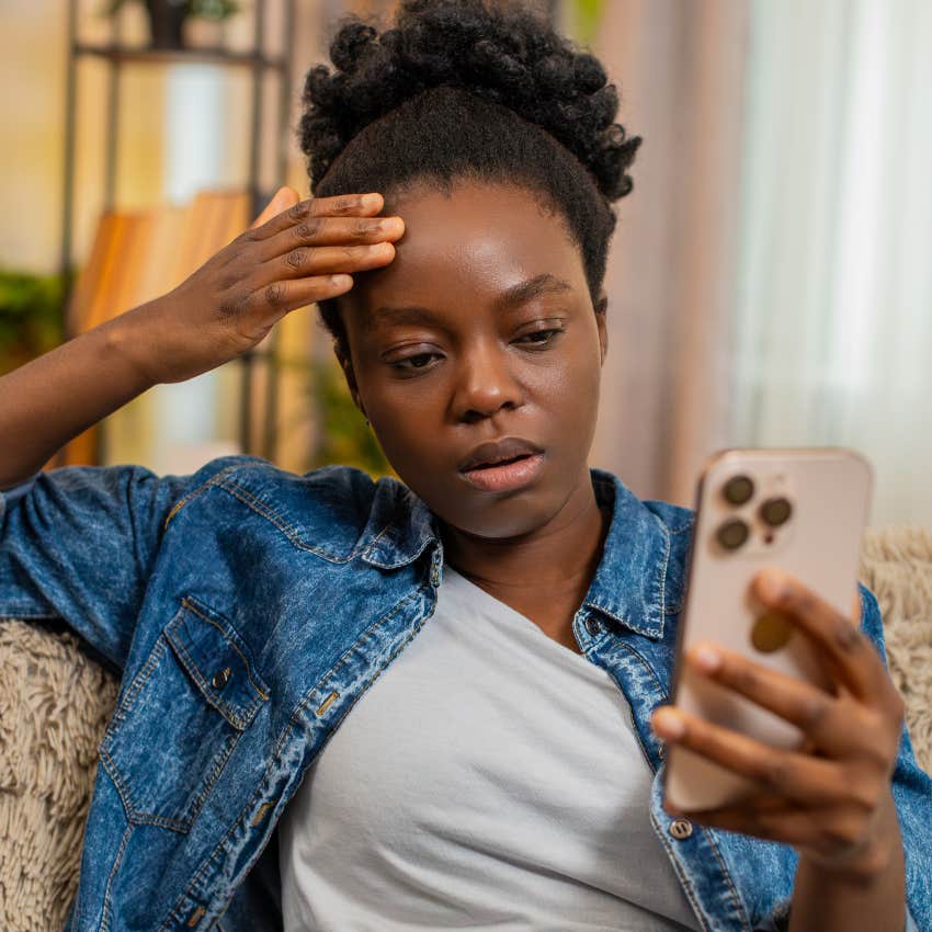 woman texting I made my choice looking unhappy