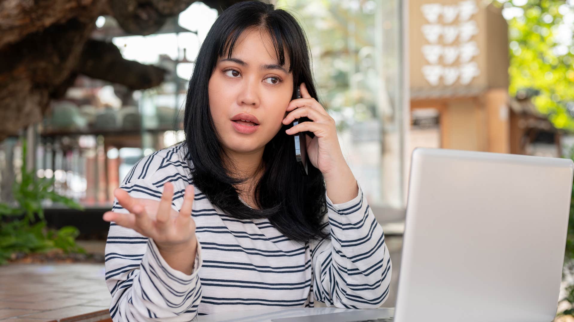 woman talking to man on phone saying i don't do last minute plans