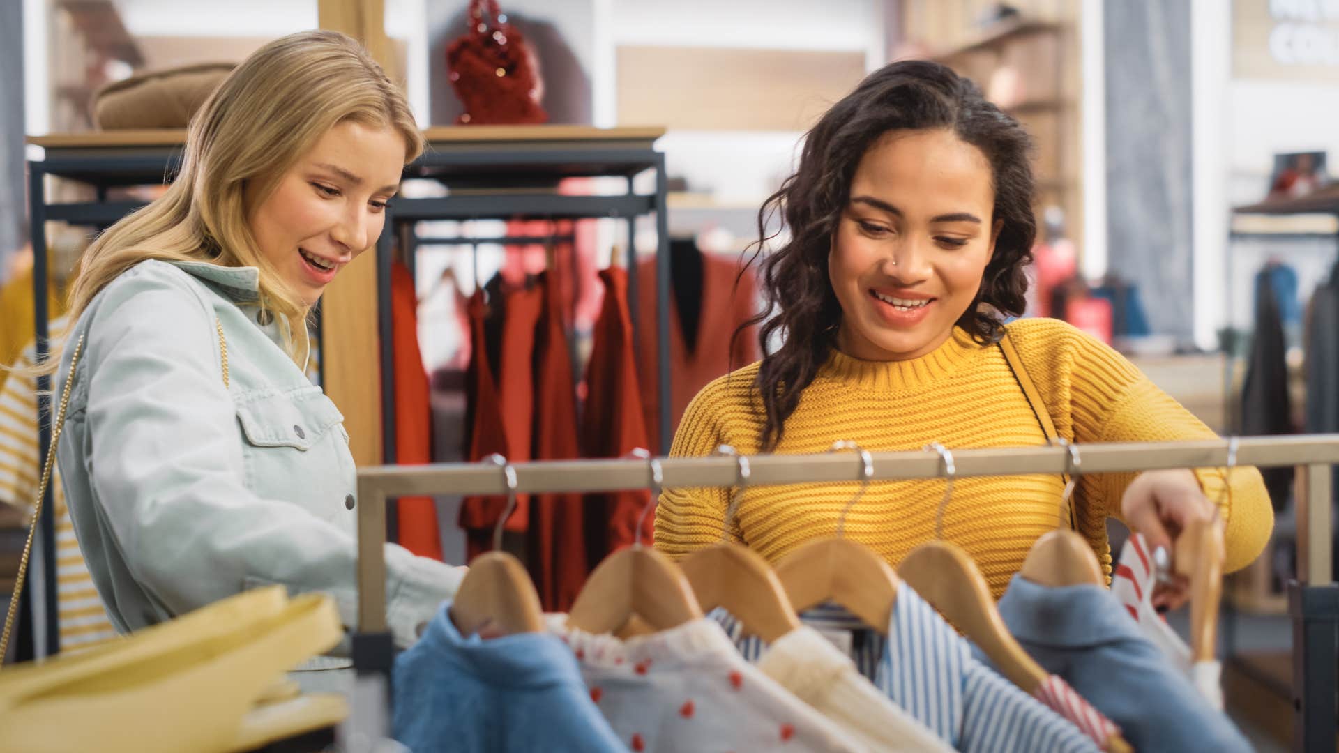 woman with internal self-worth confidently shopping sales racks