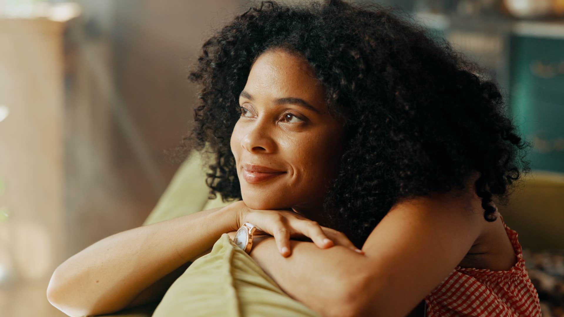 Woman who's comfortable with solitude at home.