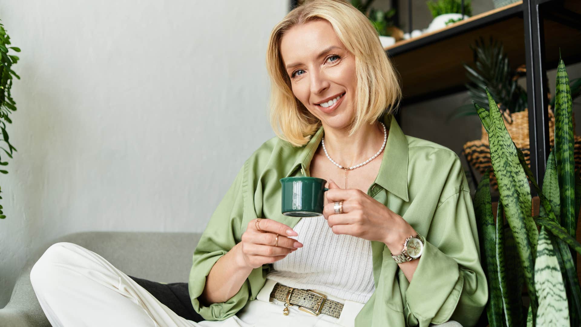 happy confident woman feeling comfortable with silence at home