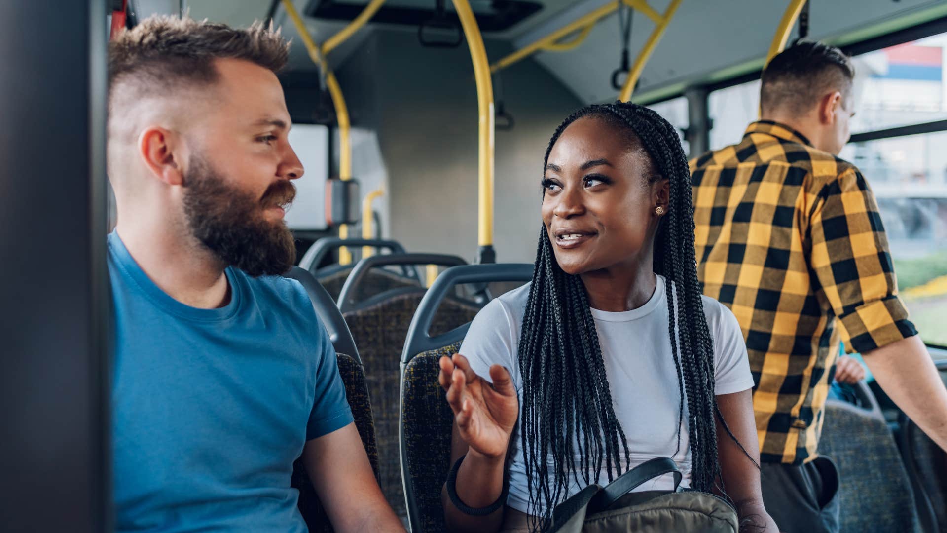 woman who doesn't overshare talking to stranger on bus