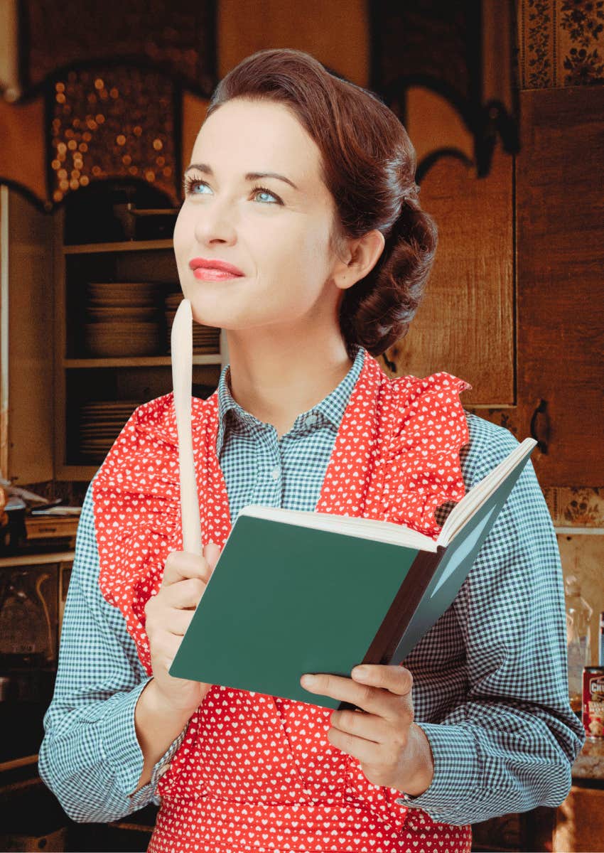 thoughtful 1950s housewife planning dinner