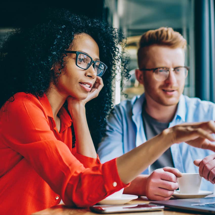 true intellectual woman explaining things simply talking to colleague