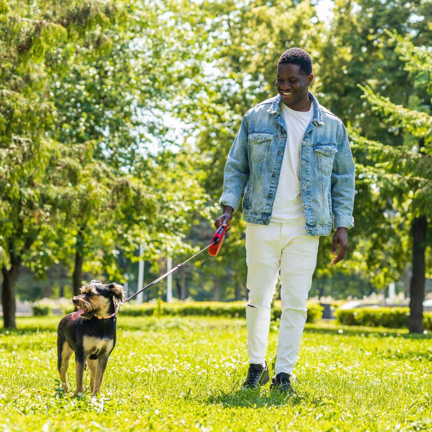 owner taking his dog for a walk tell her loves her