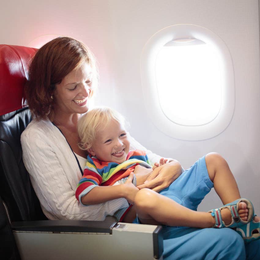 mom with toddler who boarded the plane last to make flying a little easier