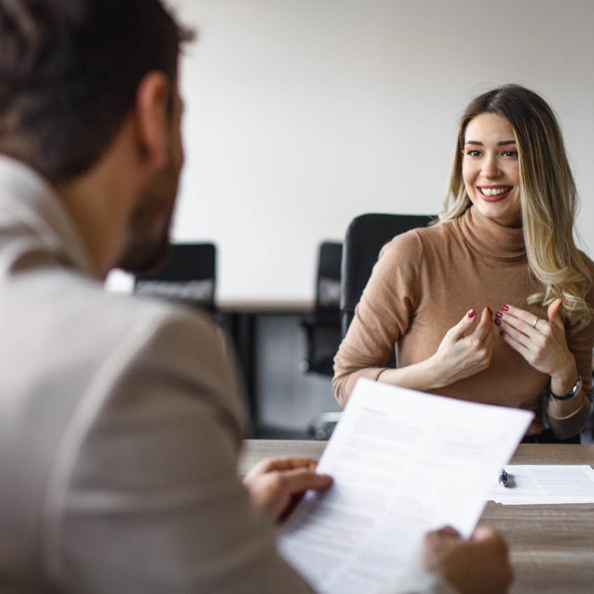 woman sitting in job interview with hiring manager
