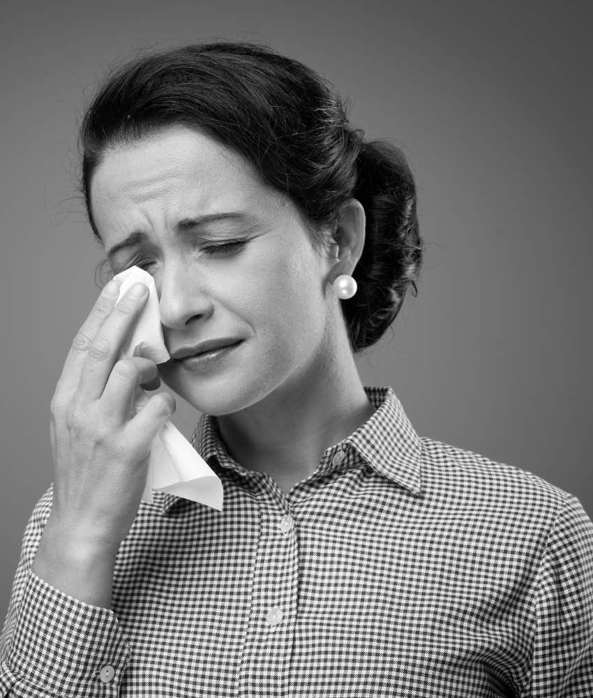vintage image of crying woman showing marriage problem 