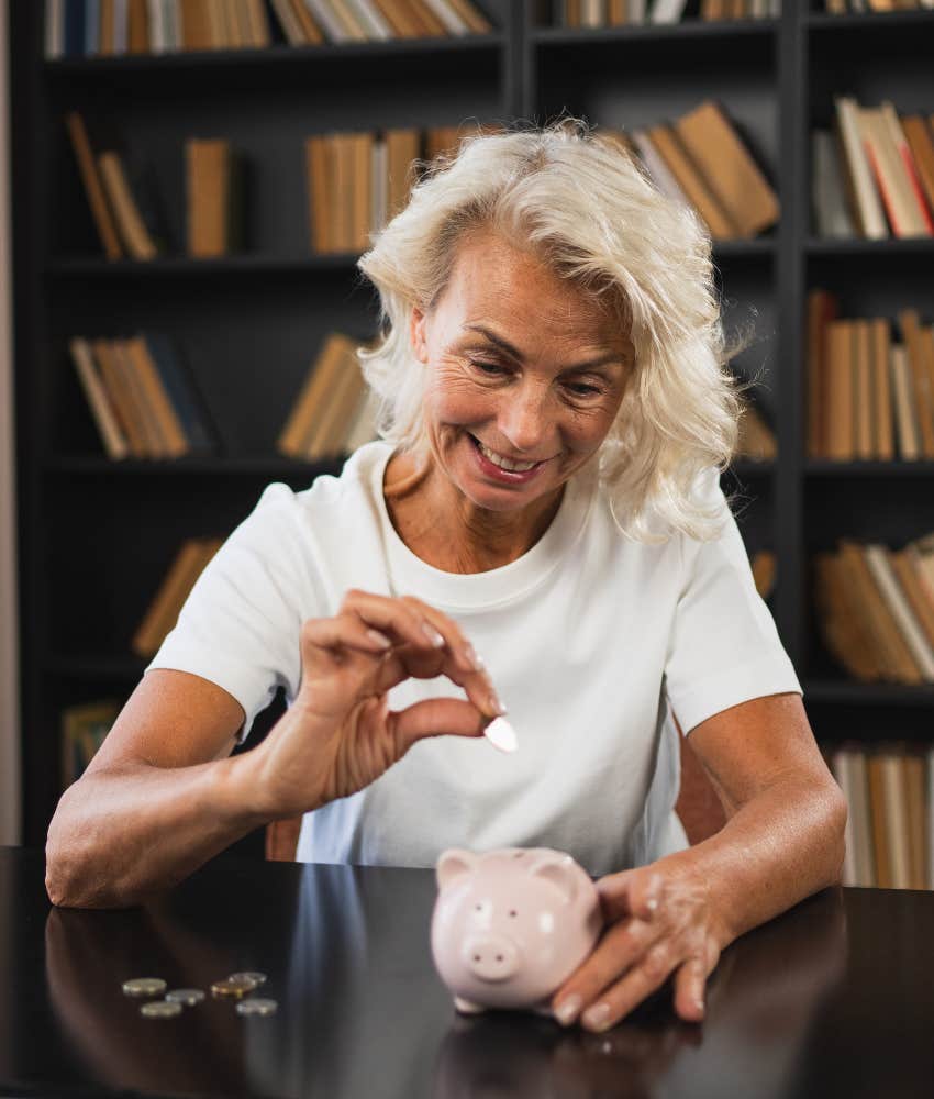 happy person places riches in piggy bank showing habit to attract money